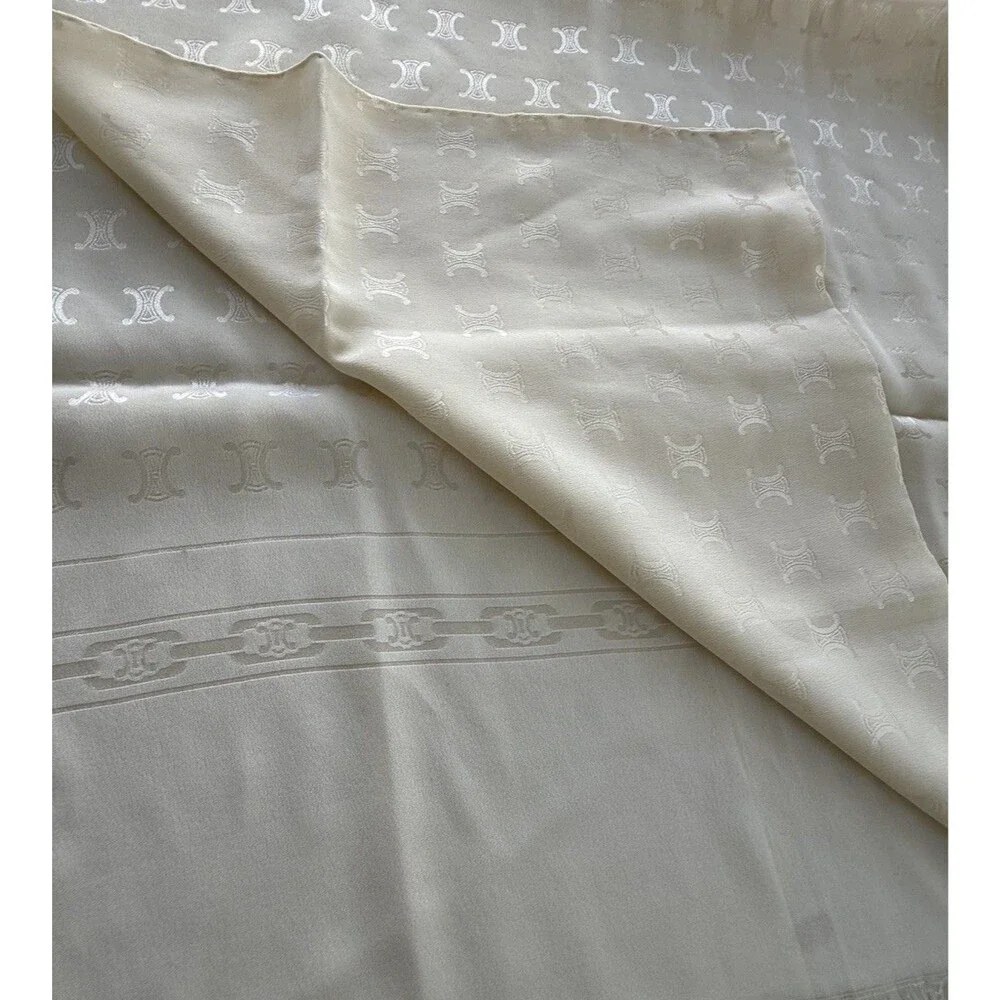VTG Celine Paris 66” X 17” Ivory Tone On Tone Monogram Silk Scarf inch EVC